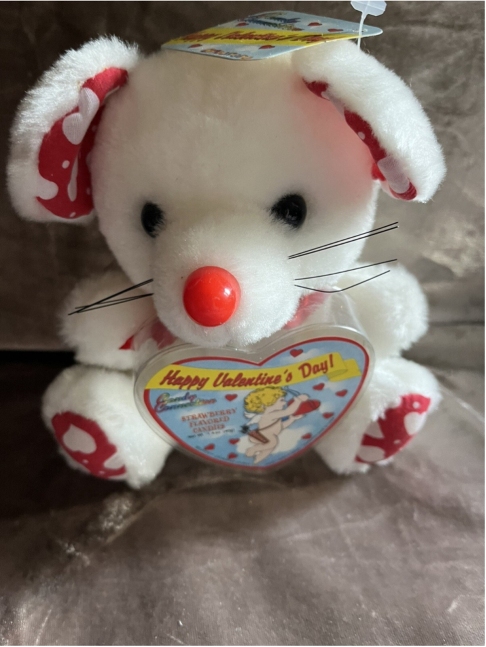 Red and White Hearts Mouse Plush Stuffed Animal Toy 7 Inch Valentines Bow HTF